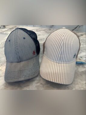 Original Penguin Striped Mesh Trucker Caps — Navy, Beige & Red Accents